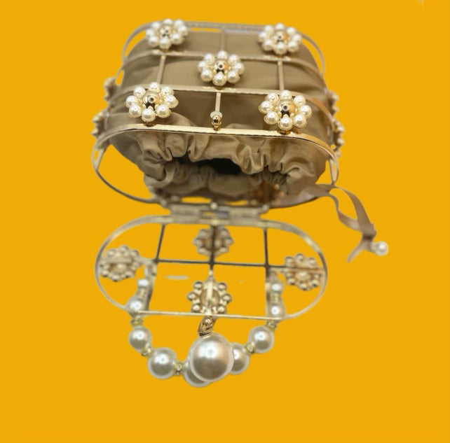 Pearl Handle Floral Cage Clutch/pouch